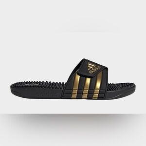 Adidas Black Slides with Gold Stripes